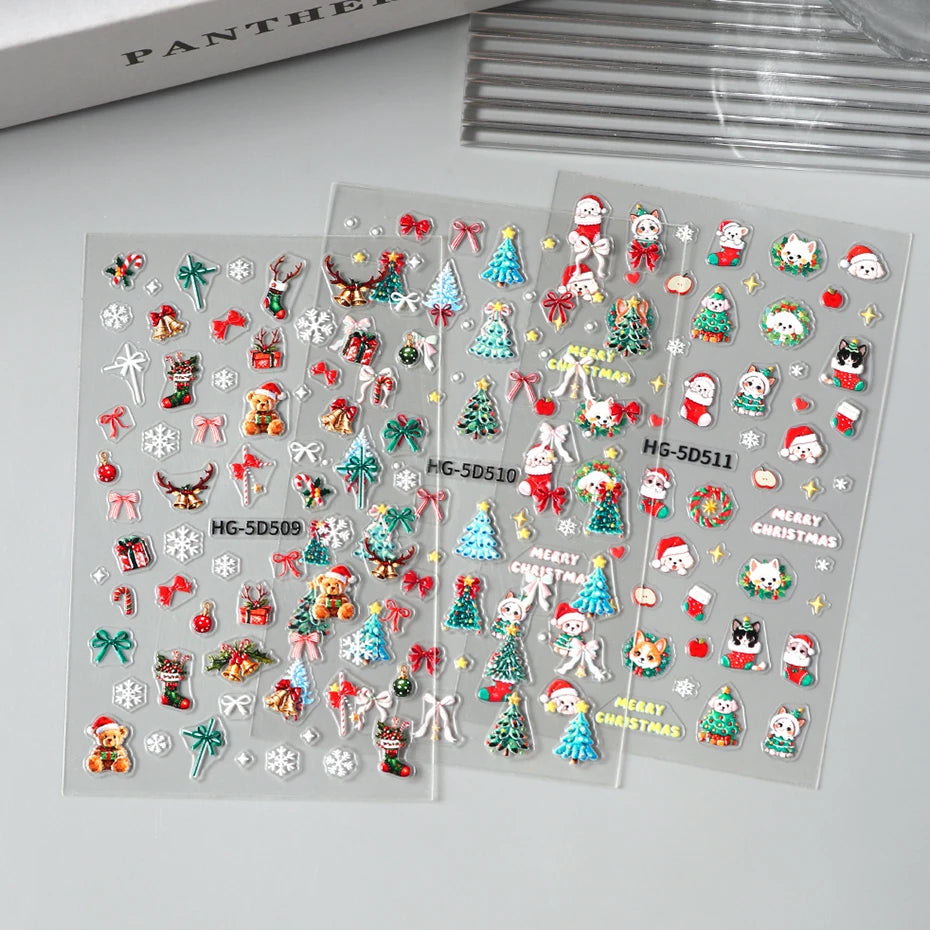 5D Embossed Cartoon Bear Snowflake Nail Stickers Christmas Trees Bow Self-Adhesive Decals for Nails Winter Christmas Nail Decor