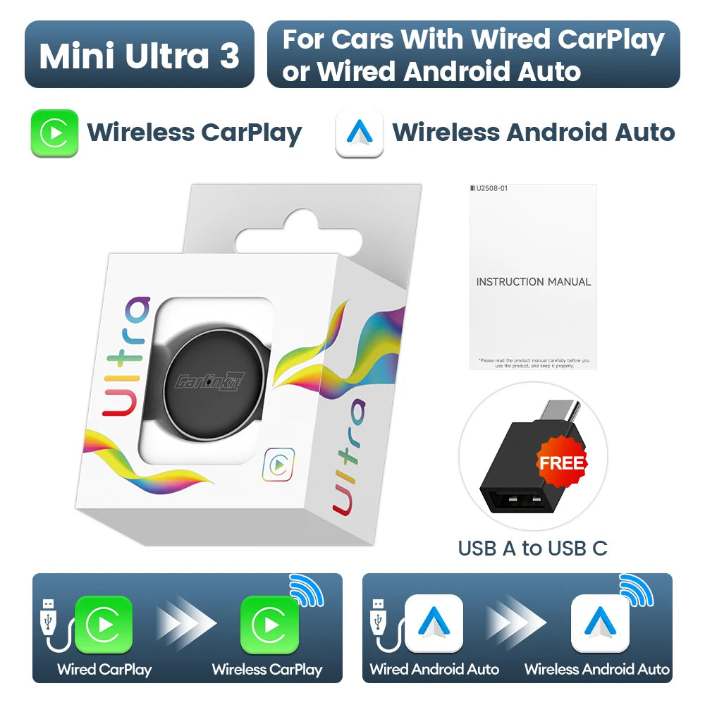 CarlinKit 5.0 Mini Ultra 2/3 Wireless Smart Box Wireless Android Auto CarPlay USB Adapter WiFi BLE Auto Connect Online Upgrade