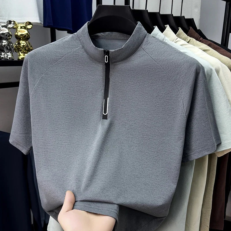 Men's Half-Zip Stand Collar Tee - Raglan Cut, Wrinkle-Free