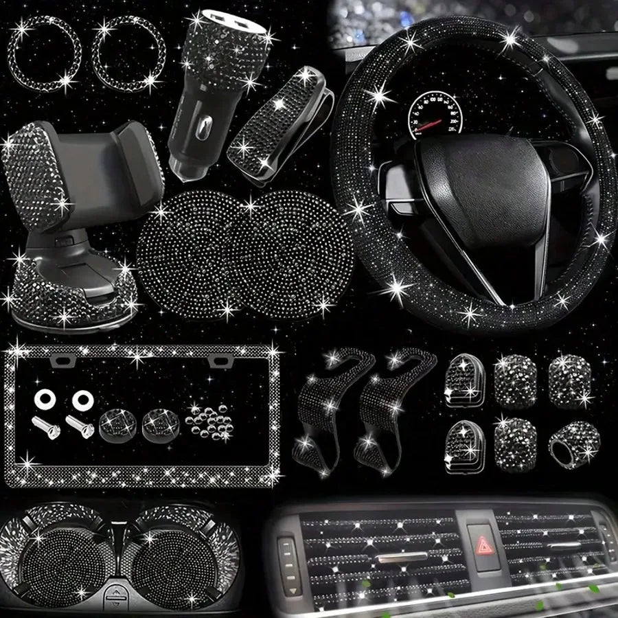 Artificial Diamond Car Steering Wheel Decoration Set Pink Artificial Diamond Steering Wheel Protective Cover, New Fashion Cute Goddess Steering Wheel Cover Set,Car Acessesories Women