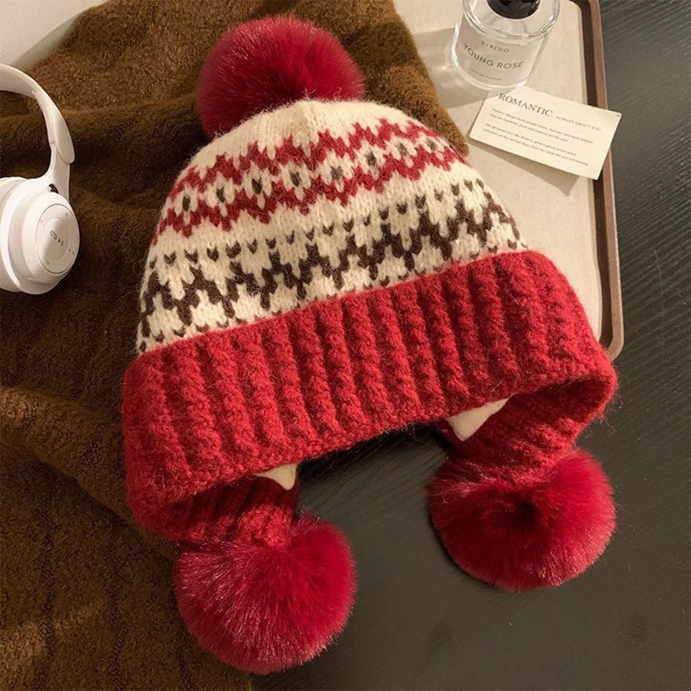 Women Winter Hat - Thickened Warm Beanie With Ear Protection Cold Proof Knitted Cap For Christmas Gifts Red Grey