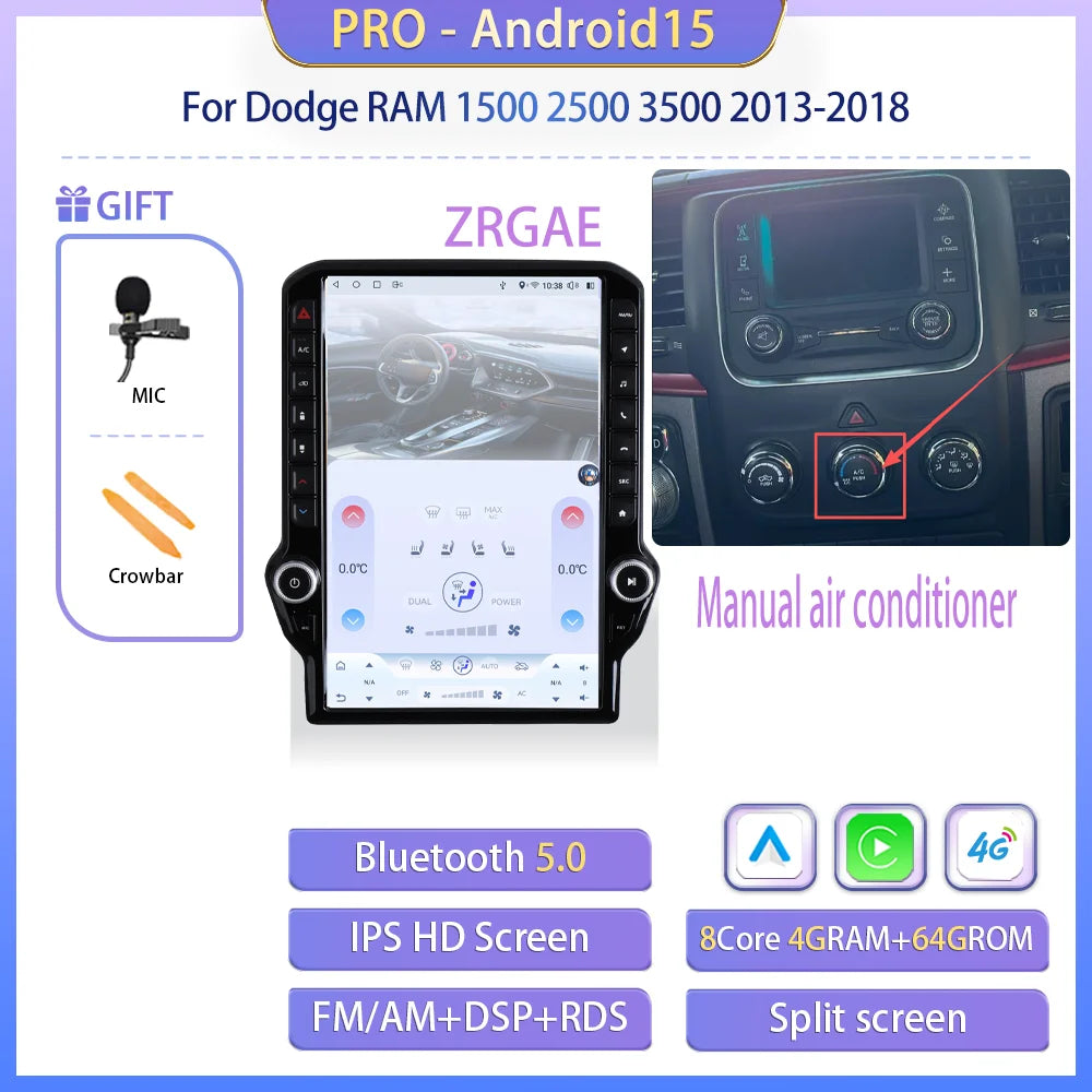 14.5" Android 15 Car radio multimedia player For Dodge RAM 1500 2500 3500 2013-2018 GPS Navigation Tesla Screen Wireless Carplay