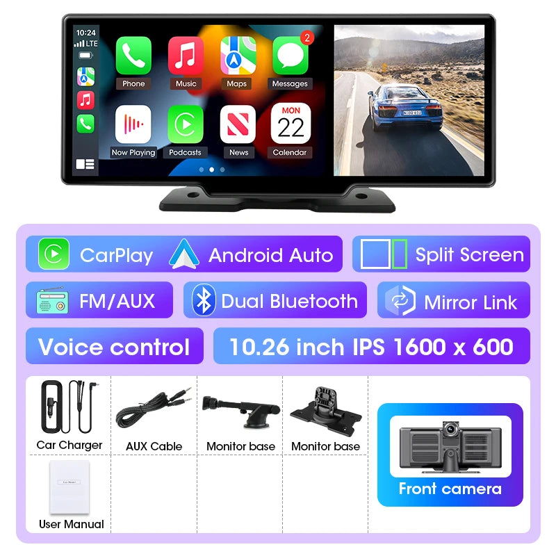 4K Dual-Lens Dash Cam with CarPlay & Android Auto