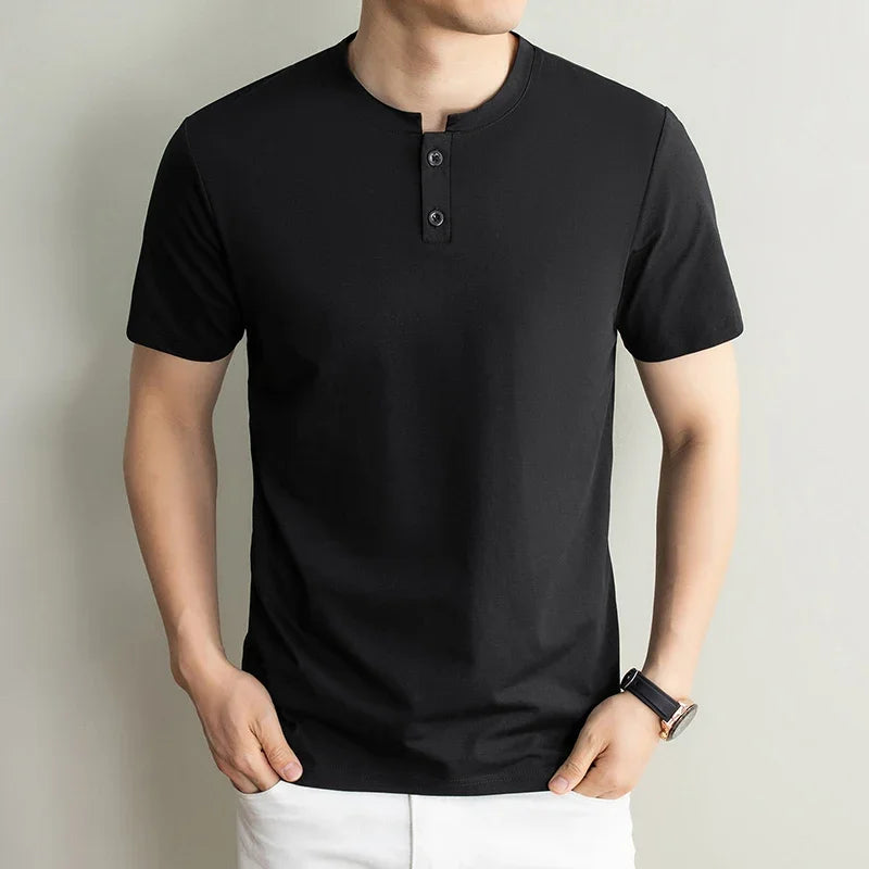 Men's Plain Henley Tee - Two-Button Placket, Soft Breathable Knit