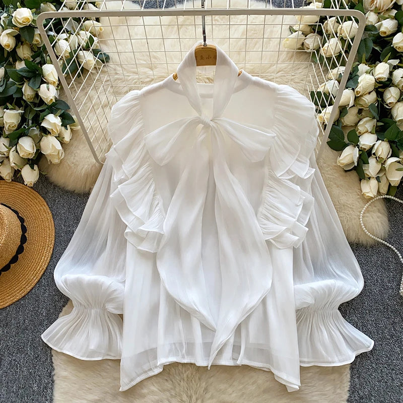 Women's Bow Chiffon Blouse - Ruffle Hem Long Sleeve Top - photo 11