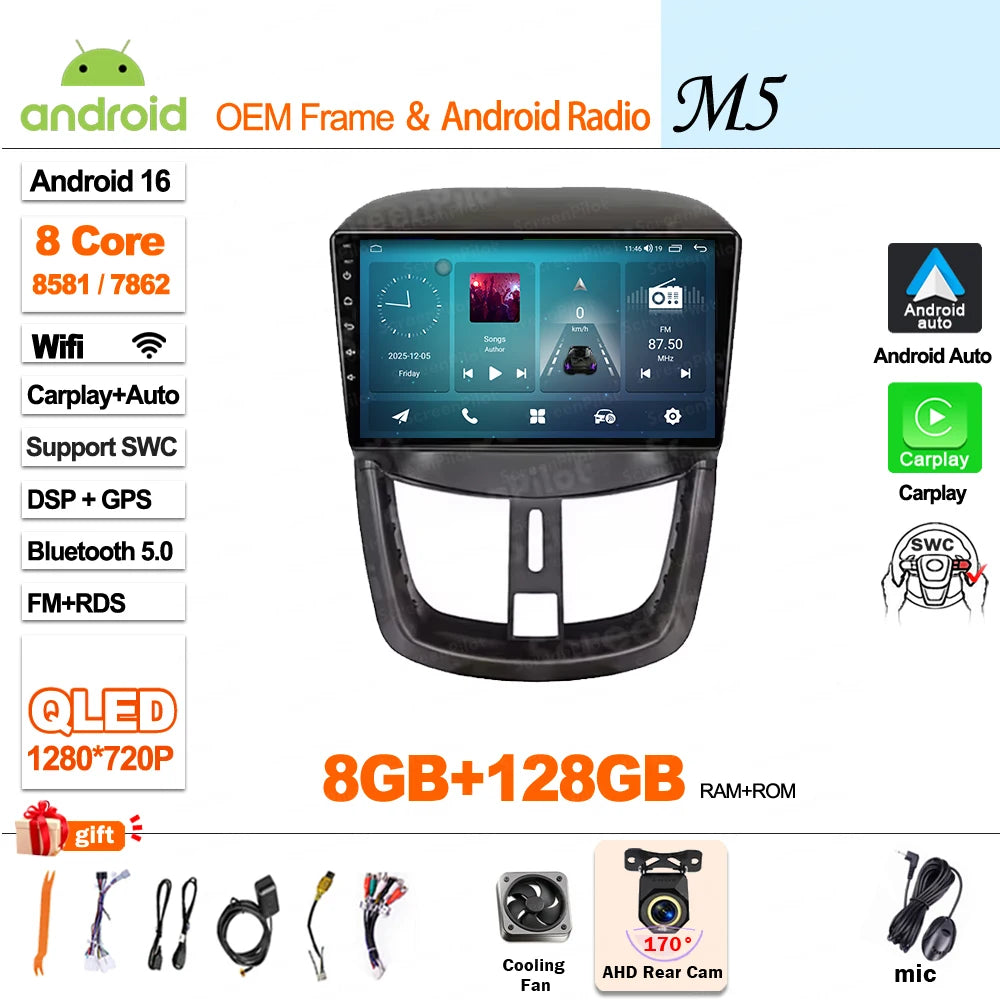 9" Android Car Stereo for Peugeot 207 & 207CC (2006–2015) — Wireless Android Auto, CarPlay, GPS, WiFi