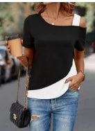 Chic Color Blocking Short Sleeved Women Solid Color Off Shoulder Asymmetric T-Shirt Female Summer Casual Tops
