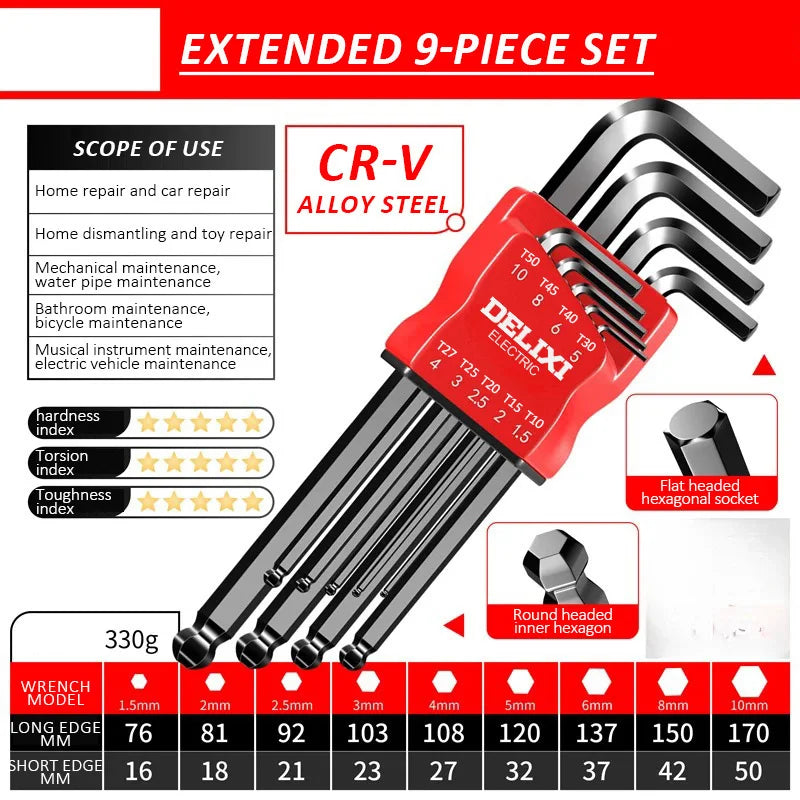 DELIXI ELECTRIC Allen Key Set,Allen Hex Wrench Screwdriver Set With Sleev Universal Torque Long Metric,for Motorcycles, Bicycles