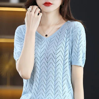 Women's T-shirt Summer New 100% Cotton Pullover Short Sleeve Casual Solid Women's Sweater Loose Fashion V-Neck Top T-shirt