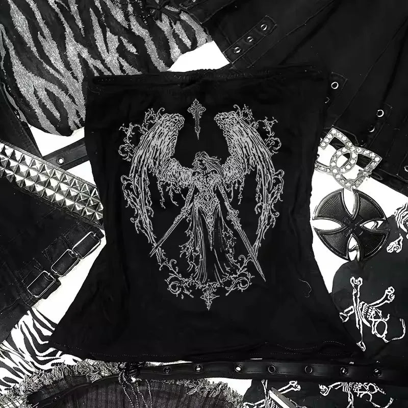 Women's Y2K Retro Strapless Corset Crop Top - Gothic Print Sleeveless Cami - photo 3