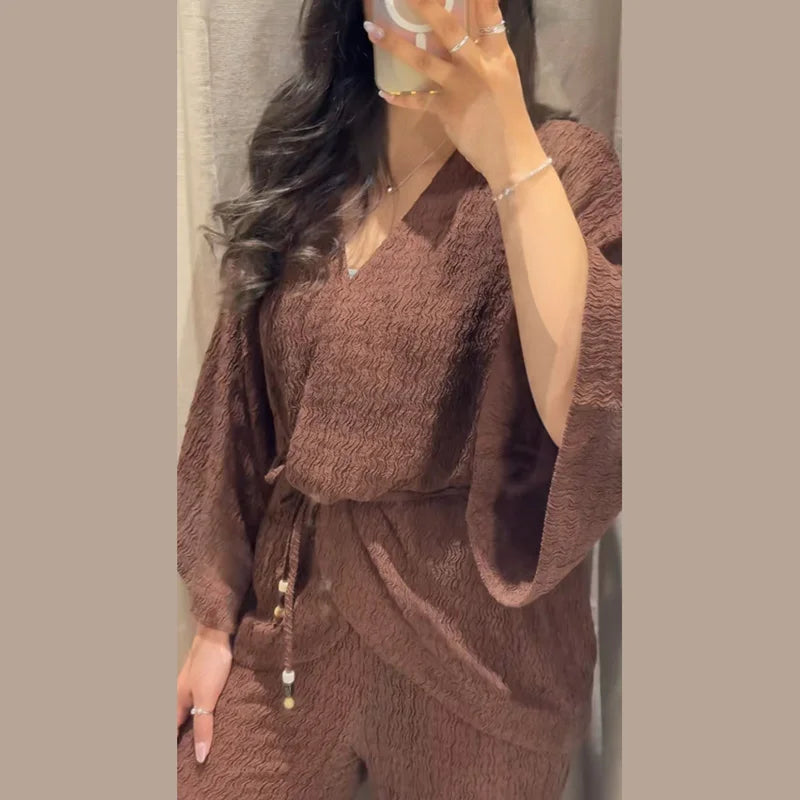 V-Neck Lace-Up Shirt & Wide-Leg Trousers Set — 2-Piece
