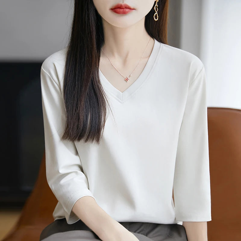Spring And Summer New Cotton V-neck T-shirt Short-Sleeved Women's Half-Sleeve Bottoming Shirt High-End Cropped Sleeve Top