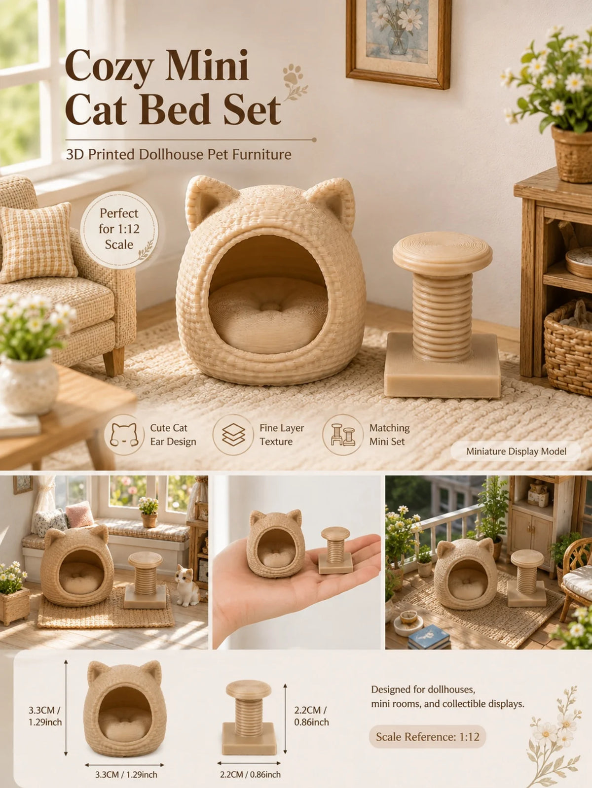 Set of 2 Miniature Cat Beds, Cat Tree Model—Perfect for Miniatures Enthusiasts and a Creative Gift for Cat Lovers.
