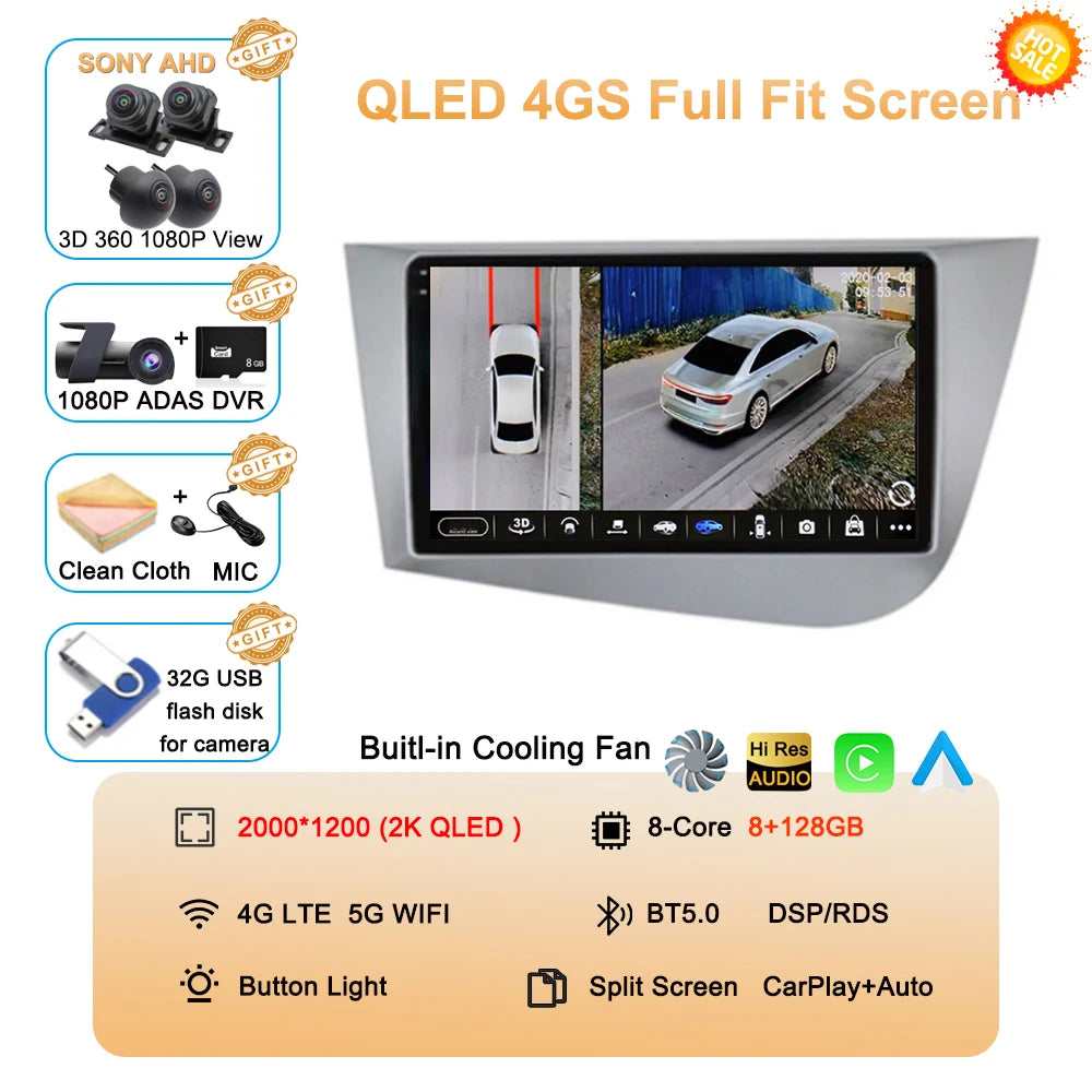 Car Radio Android 16 Navigation GPS Carplay For Seat Leon 2 MK2 2005-2012 Multimedia Video Player Stereo DSP 360 Camera Wifi 4G