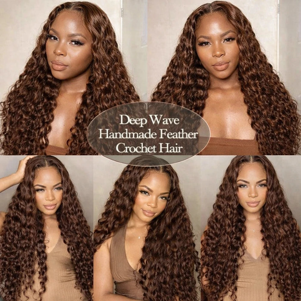 Color Brown Burmese Water Wave Braiding Hair Knotless Pre-Separated Deep Curly Feather Crochet Human Hair Extensions Invisible