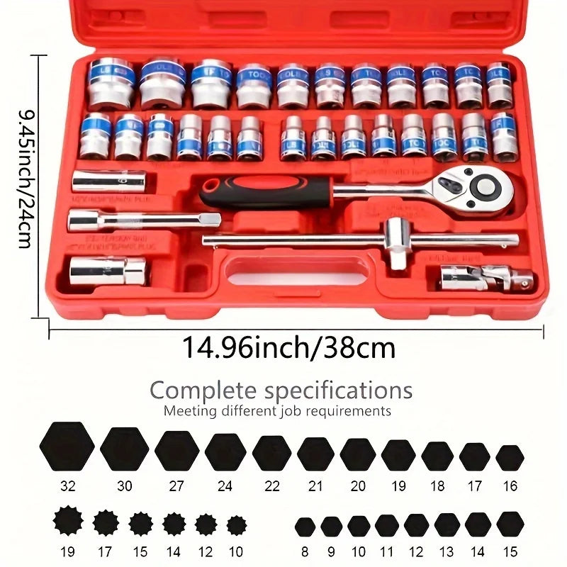 32pcs Mechanics Tool Set ,1/2" Drive Deep And Standard Sockets,Ratchet Wrench Set, Mechanic Tool Kits For Auto Repair