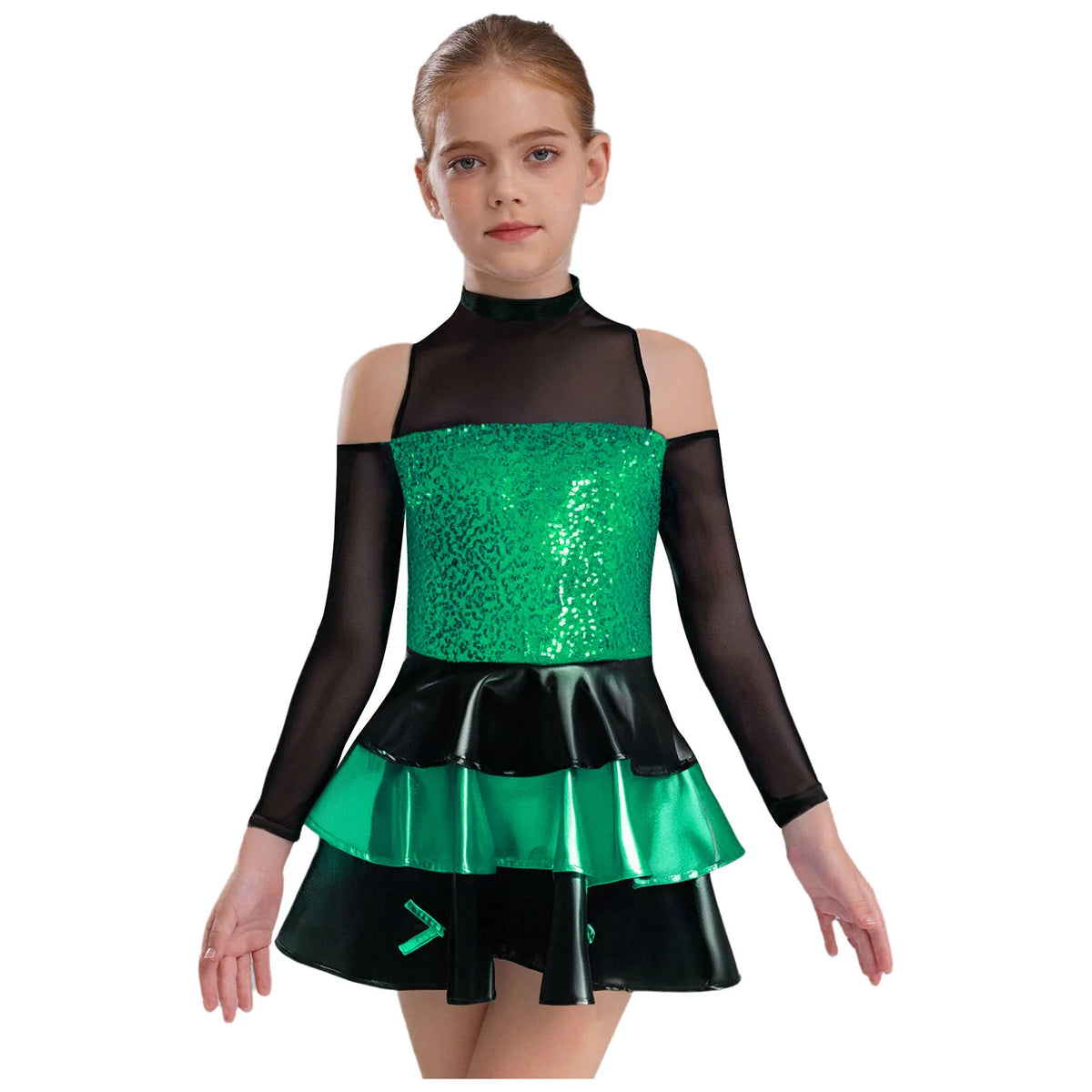 Girls cold-shoulder sequin tiered jazz dress