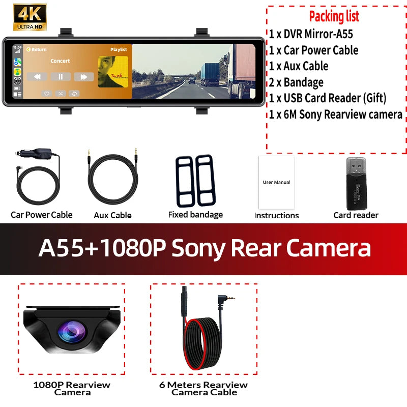 Acceo 4K WIFI Dashcam RearView Mirror DVR Support Rear View Camera Wireless Carplay Android Auto Video Recorder Camera Black Box