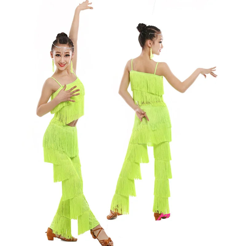 Fringe top and pants Latin dance set for kids and adults