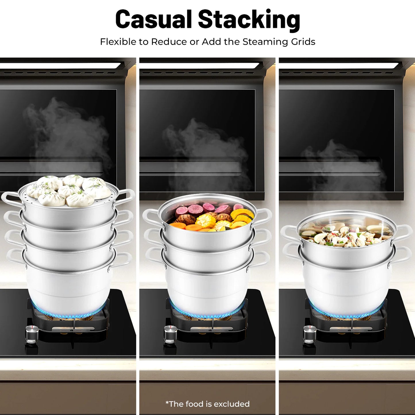 304 Stainless Steel Steamer Pot 2.38 Gallon Capacity 3-Tier Design with Steam Compartments for Cooking Soup