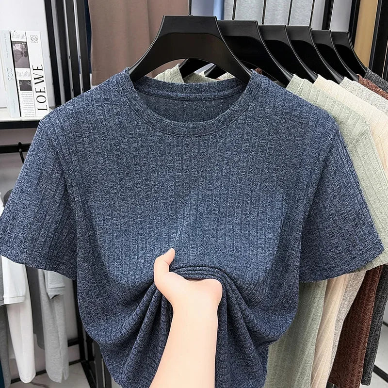Men's Vertical Ribbed Tee - Crew Neck, Soft Elastic Daily Fabric