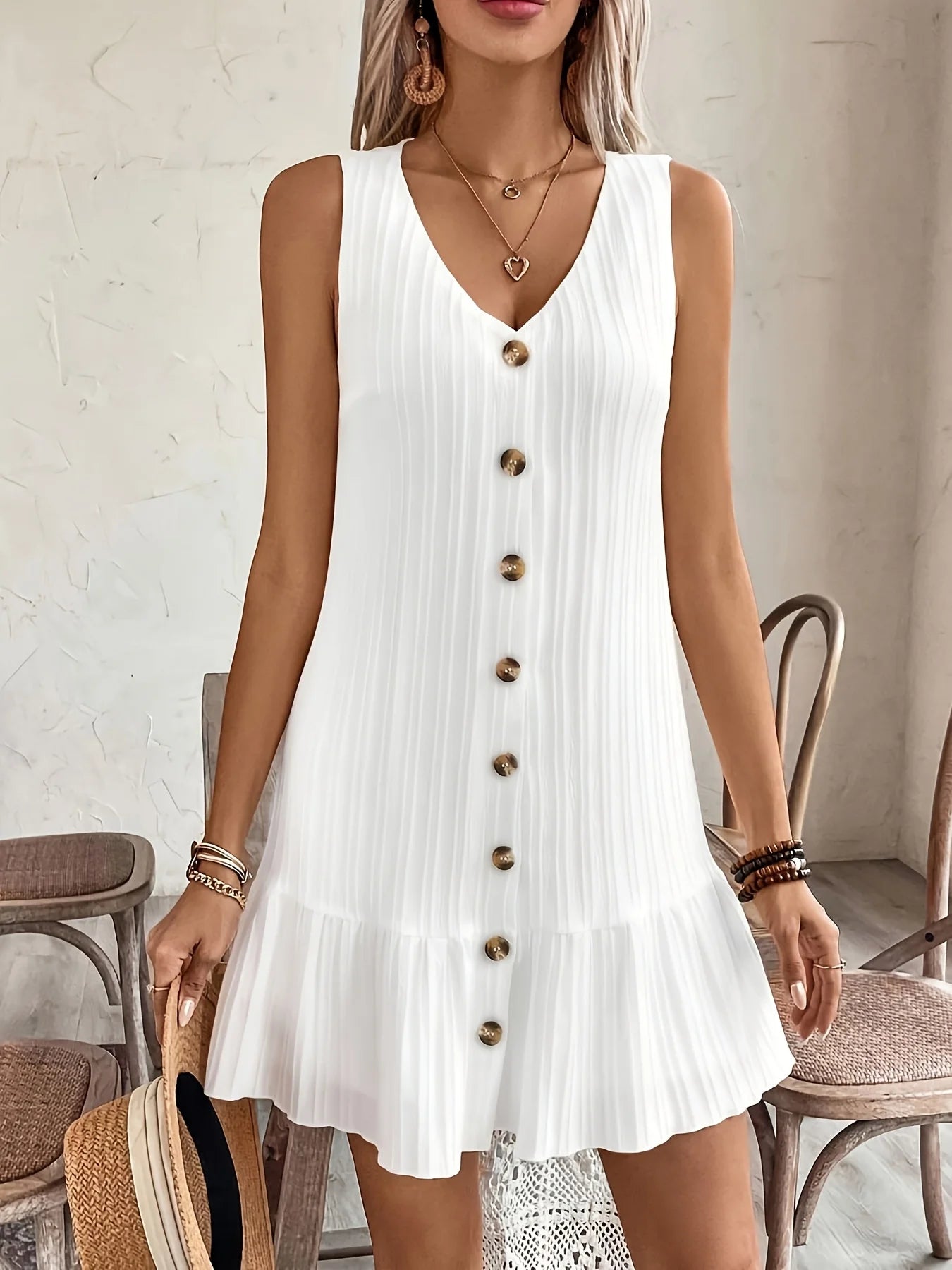 Women's Summer Sleeveless Casual Dress with Ruffle Trim and Button Front Design