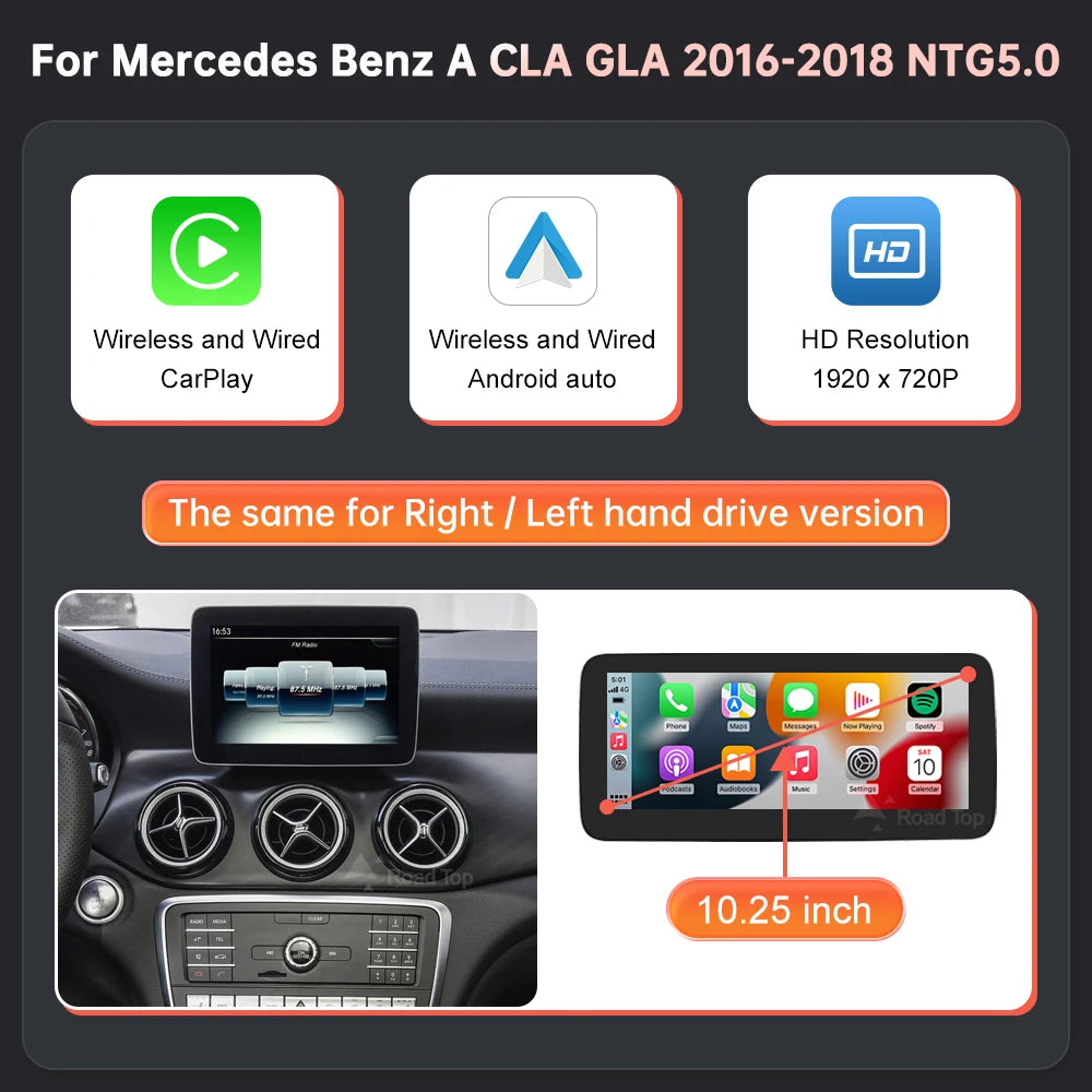 RoadTop Wireless CarPlay Android Auto Car Multimedia Display For Mercedes-Benz CLA GLA A Class W176 2026-2026 NTG5.0 TouchScreen