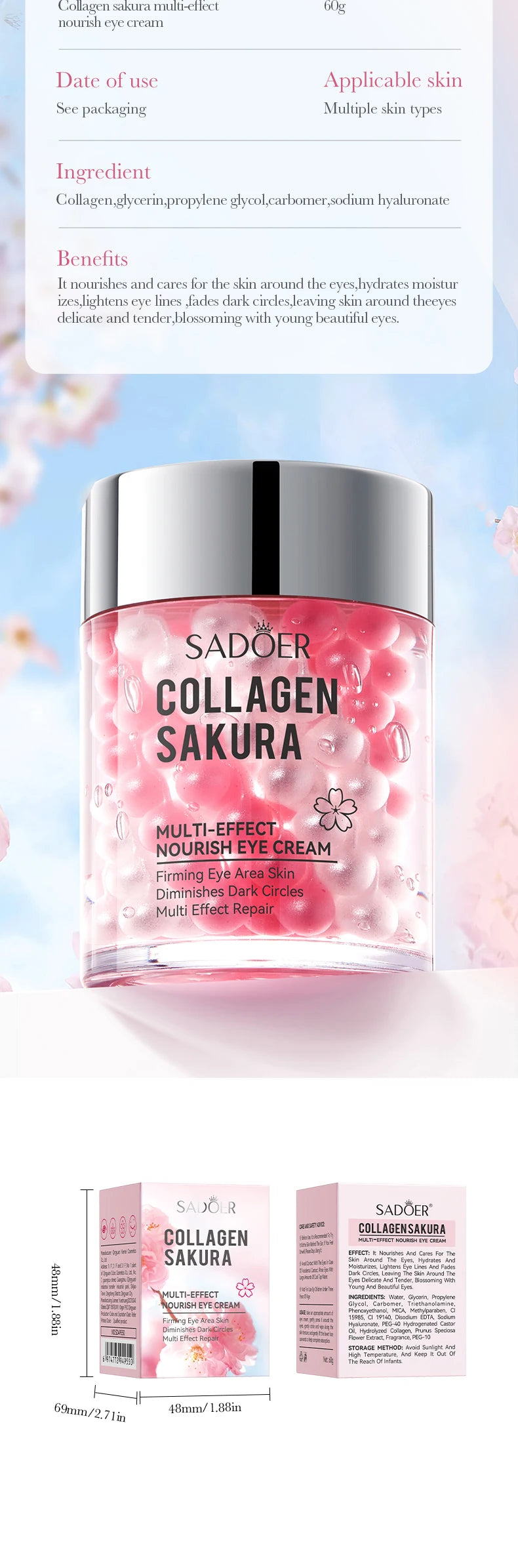 SADOER Sakura Eye Cream Anti Dark Circles Wrinkles Moisturizing Hydrating Anti-aging Creams Eyes Skin Care