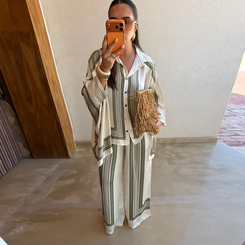 Striped Shirt & Wide-Leg Trousers Set — Women's 2-Piece