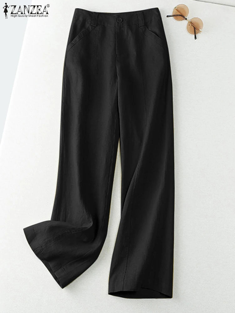 ZANZEA 2026 Spring Summer Cotton Linen Pants Women Long Trousers Wide Leg Plain Holiday Casual Pants Streetwear Fashion Bottoms