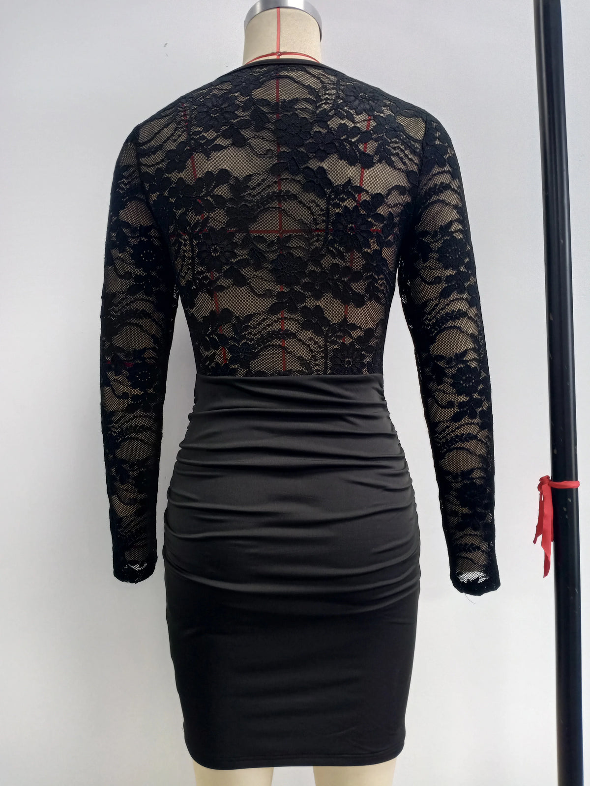 Sexy Black Long Sleeve Sheer Lace Bodycon Dress - Crew Neck Waist Ruched Slim Fit Mini Gown, For Night Club Party Date Outfits