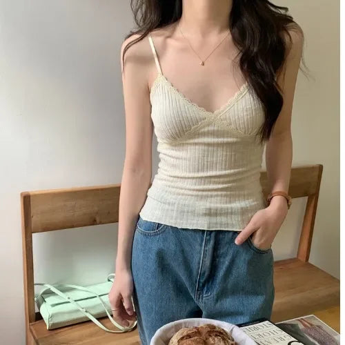 Korean Lace Deep-V Tank Top — Women's Padded Crop Camisole