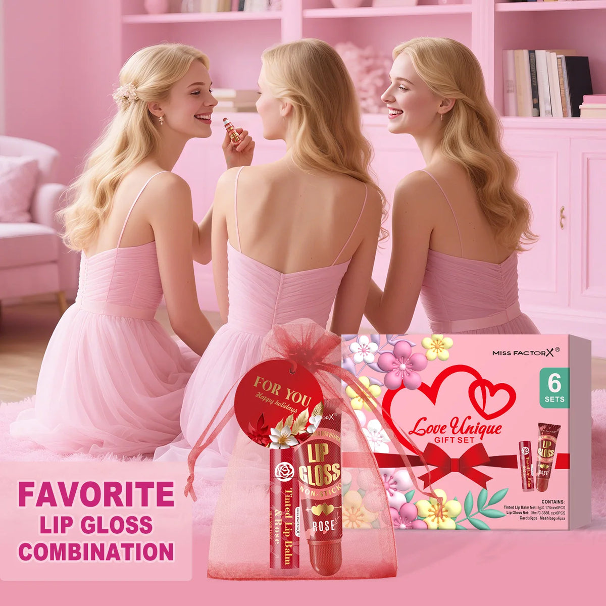 Unique Gift Set -24 Pieces/Box Lip Gloss Set Lipstick Set Red Card and Red Organza Bag Lip Moisturizing Gloss