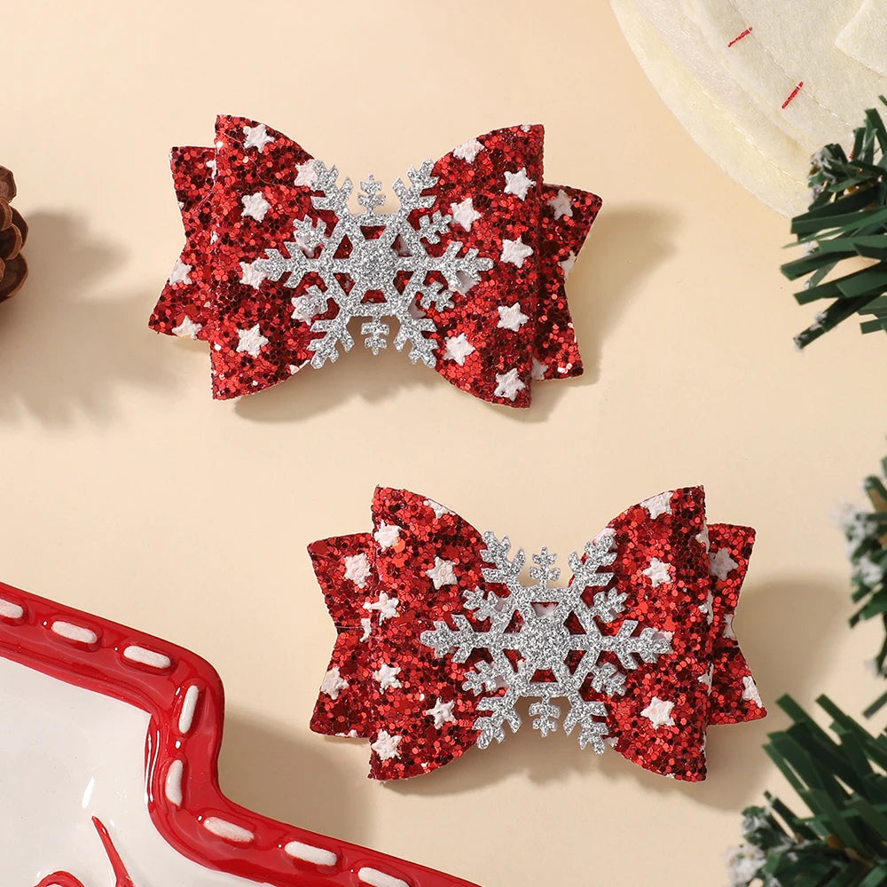 2Pcs/Set Baby Girls Christmas Hair Clips Glittle Bows with Antlers Santa Claus Snowflake Hairpin Shiny Headwear Hair Accessories