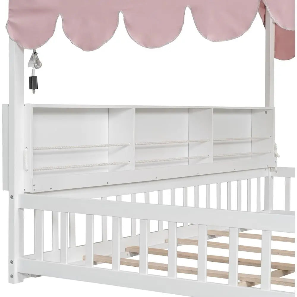 Full Size Wooden Loft Bed for Kids with Stairs, Storage Shelves, Curtain, and LED Lights, White & Pink