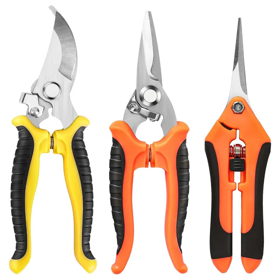 3PCS Gardening Scissors Set – Ergonomic Non-Slip Bypass Pruning Shears with Safety Lock | Beginner Garden Kit