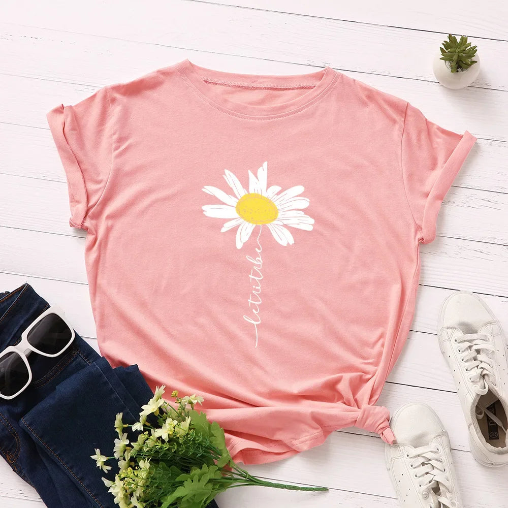 100% Cotton Women T-Shirt 2026 Summer Tshirt Creative Daisies Printed Woman Short Sleeve Tee Tops Female T Shirt
