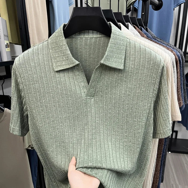 Men's Ribbed Knit Polo - Vertical Stripe, Breathable Business