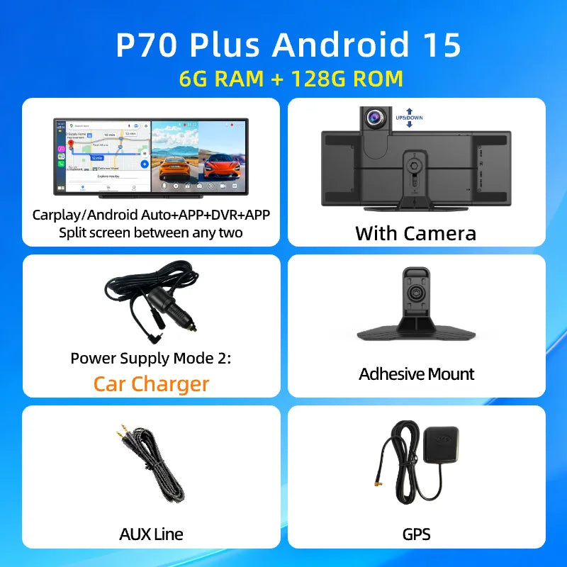 Imagebon P70 Plus Android 15 11.4" 6+128G Dual WiFi Wireless CarPlay & Android Auto Dash Cam Smart Split-Screen Google Play DVR