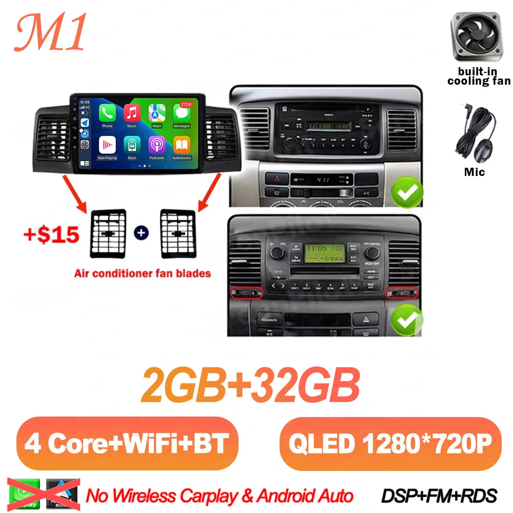 For Toyota Corolla E130 E120 2000-2006 Android 16 Multimedia Video Player Carplay Touch Screen RDS 8 Core 5G Bluetooth 2din DSP