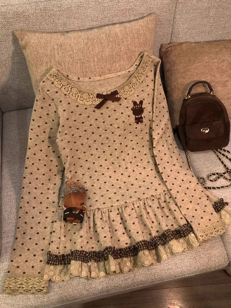 2026 Harajuku Cute Print T-Shirts Women Beige Polka Dot Ruffle Hem Tees Y2K Casual Lace Trim Tops Fashion Summer Streetwear Chic