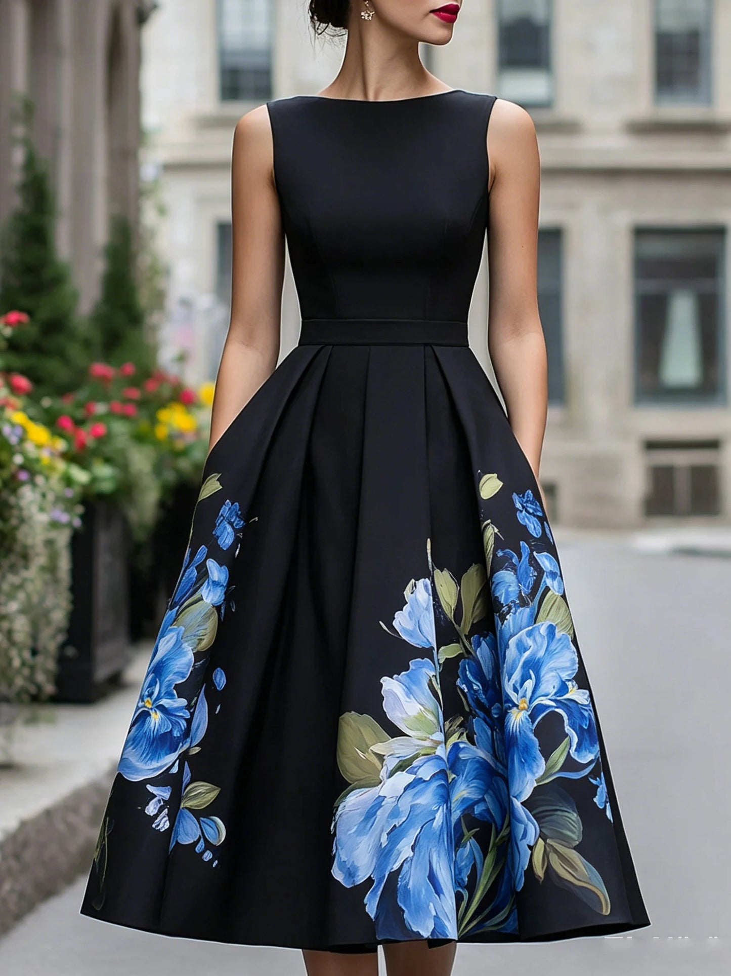 Round Neck Vintage Simple Party Dress Women Summer Sleeveless Holiday Chic Maxi Dress Chic Retro Flowers Printing Ladies Dress