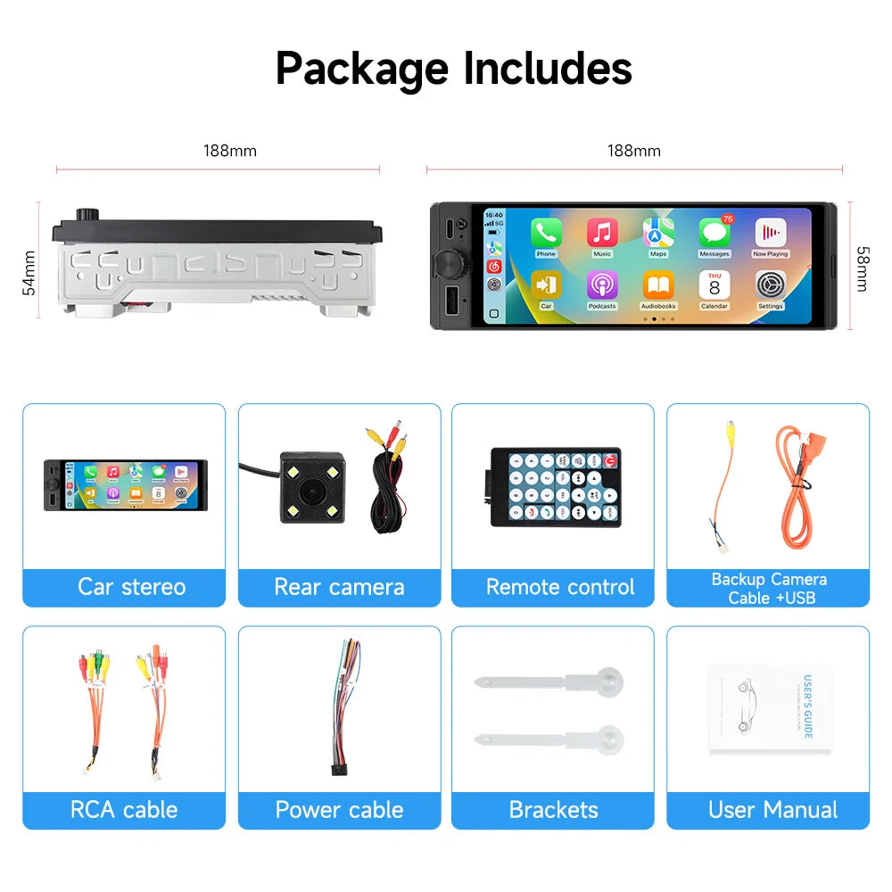 6.28" 1 DIN Universal Car Stereo with Apple CarPlay & Android Auto (MP5)