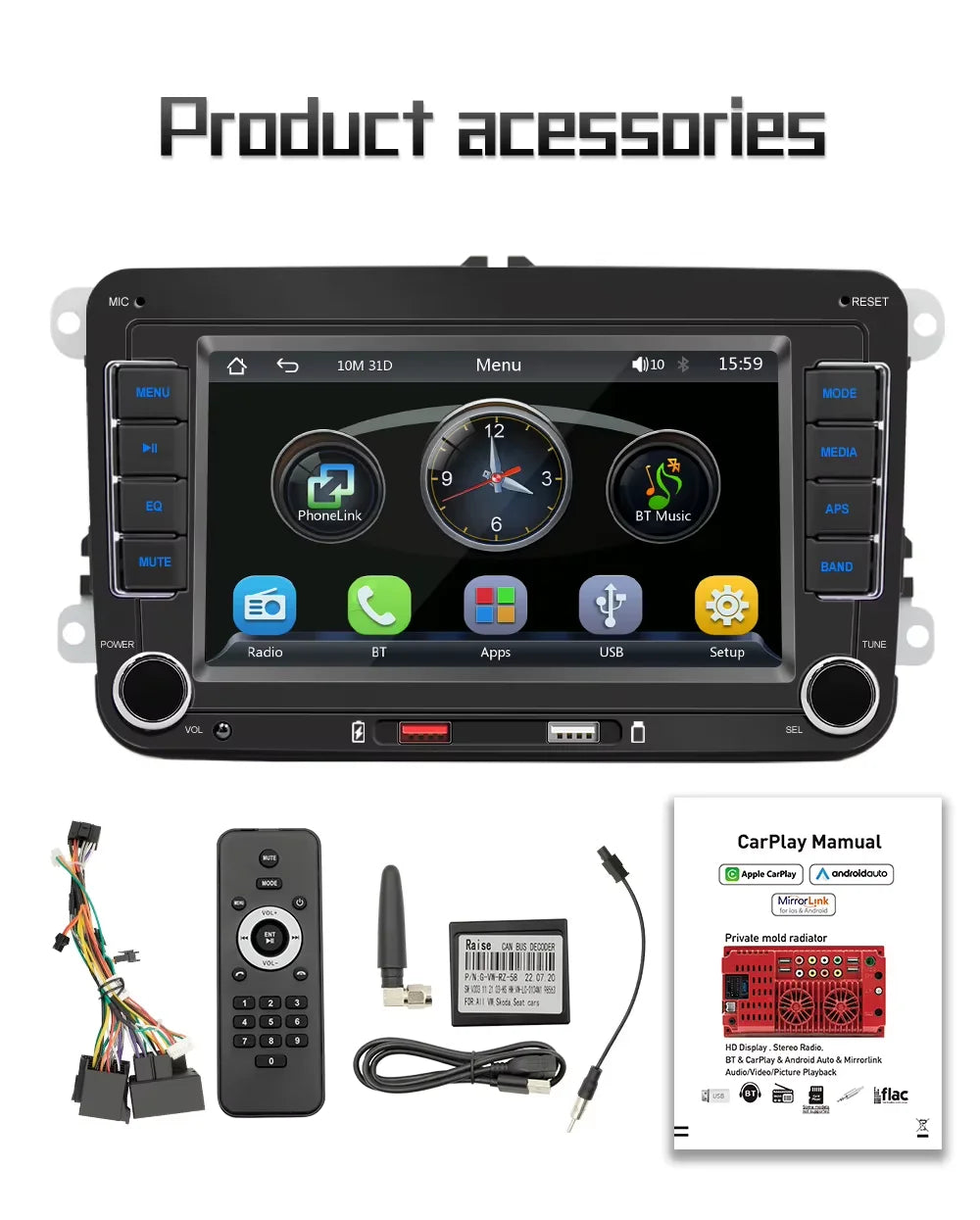 BQCC 7" 2-DIN Car Stereo — Wireless CarPlay, Android Auto, AirPlay & RDS for VW, SEAT, Skoda (Passat, Golf, Polo)