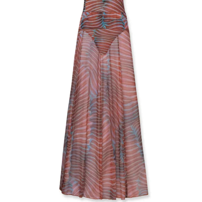 2-Piece Sheer Maxi Dress Set – Printed Top & A-Line Skirt