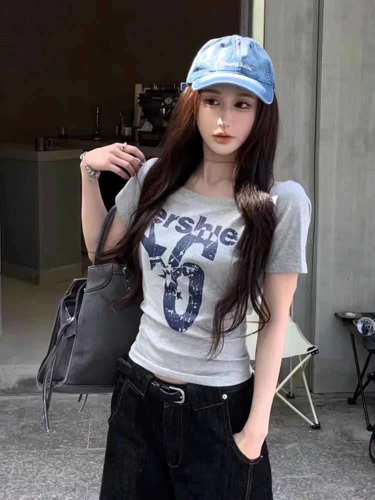 Y2K Off-Shoulder Crop Top — Women's Short-Sleeve Summer Tee