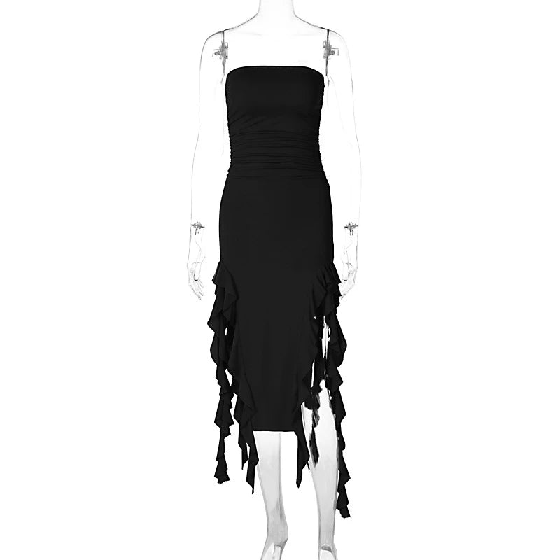 2026 Summer Maxi Women's Dress Vintage Elegant black Fashion Sleeveless Slim Backless Irregular Tassel Party Dresses Street Robe