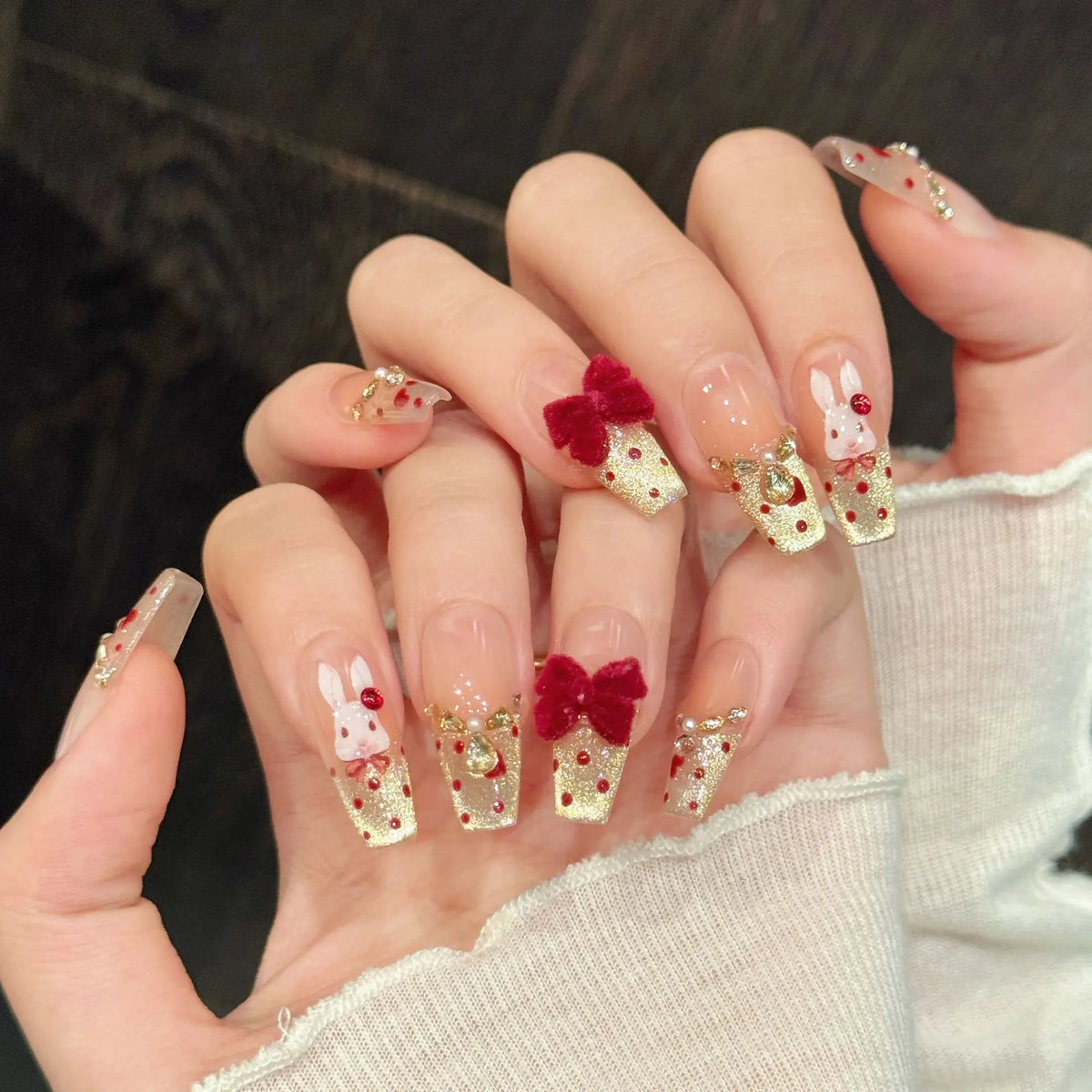 New Year Theme Handmade Press On Nails French Cat Eye Fake Nails With Velvet Bowknot Decor Light Luxury Sparkling False Nail Tip