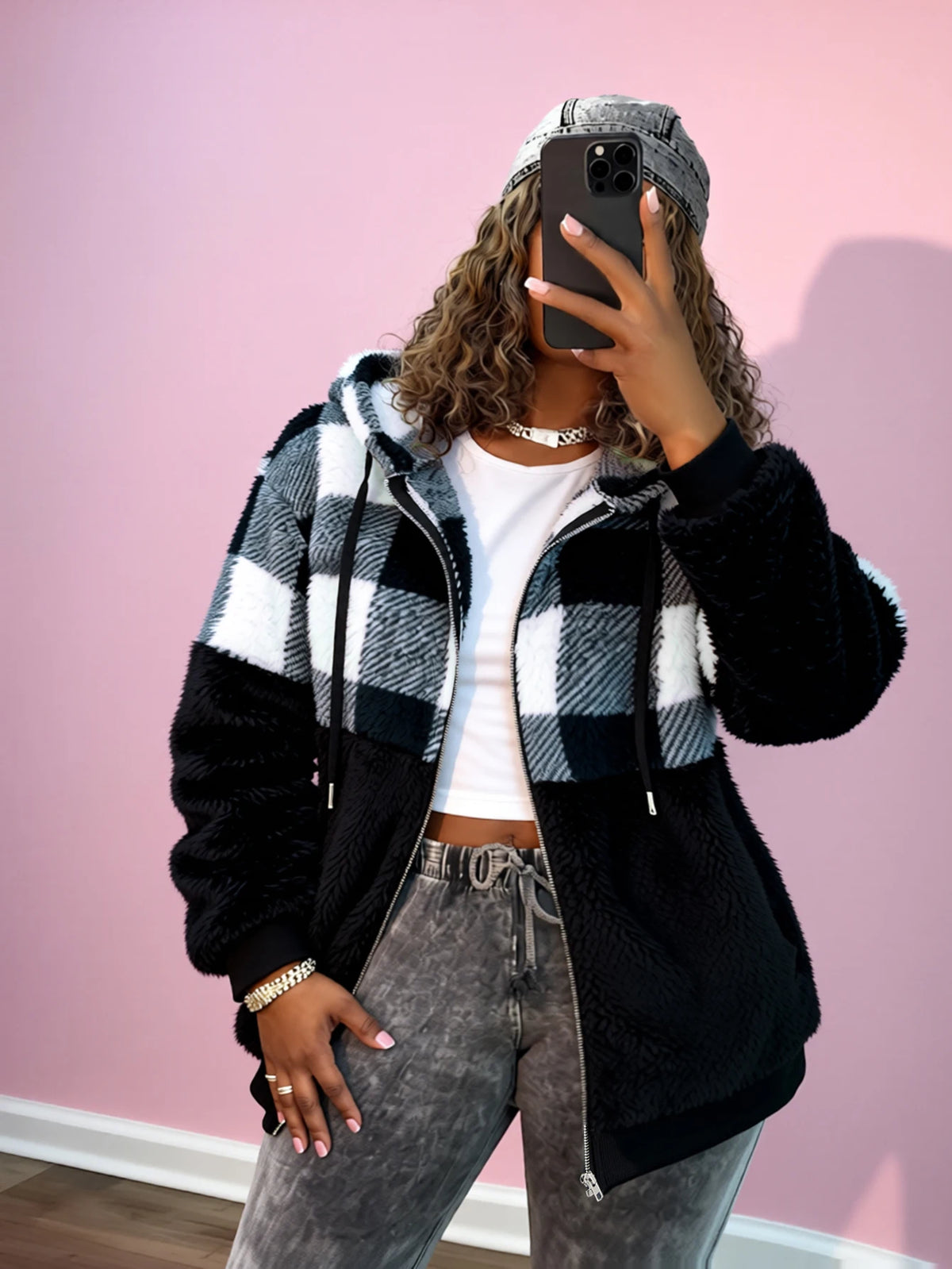 Women's Plaid Hooded Fuzzy Jacket - Full Zip Drawstring Coat - photo 4