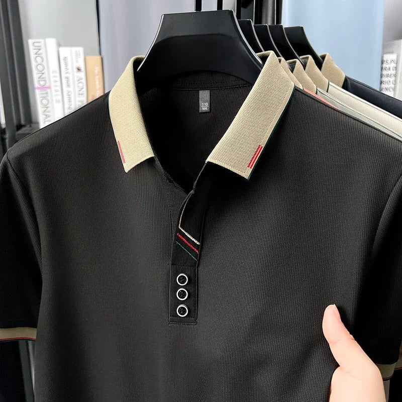Men's Lapel Polo - Decorative Stripe Placket, Breathable Mesh